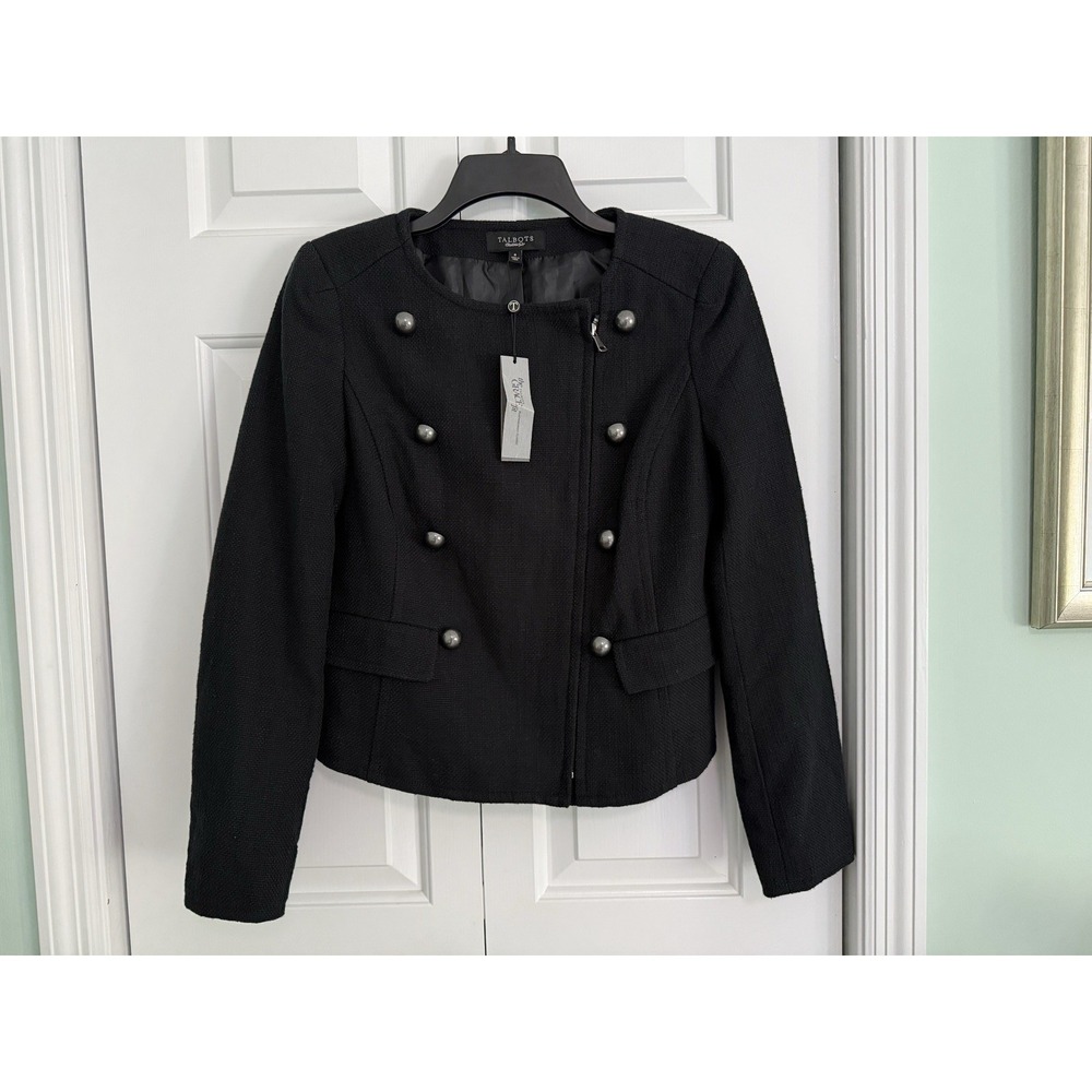 Talbots Grace Fit Woven Gray Military Style Buttons Jacket Blazer 8 NWT